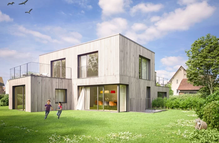 Visualisierung der Gartenansicht eines modernen architektonisch gut konzipierten Doppeleinfamilienhaus aus Holz mit Terrasse, grossen Fenser und Sitzplatz.