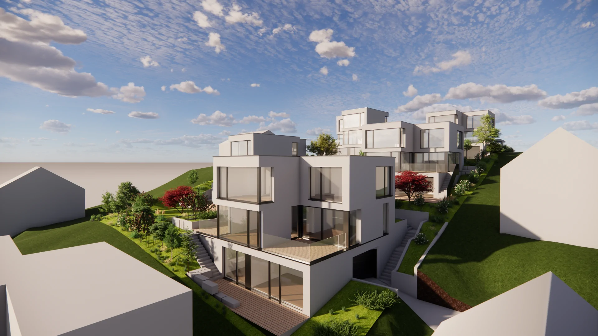 Seitliche Visualisierung von modernen Einfamilienhäuser mit grossen Glasfronten.