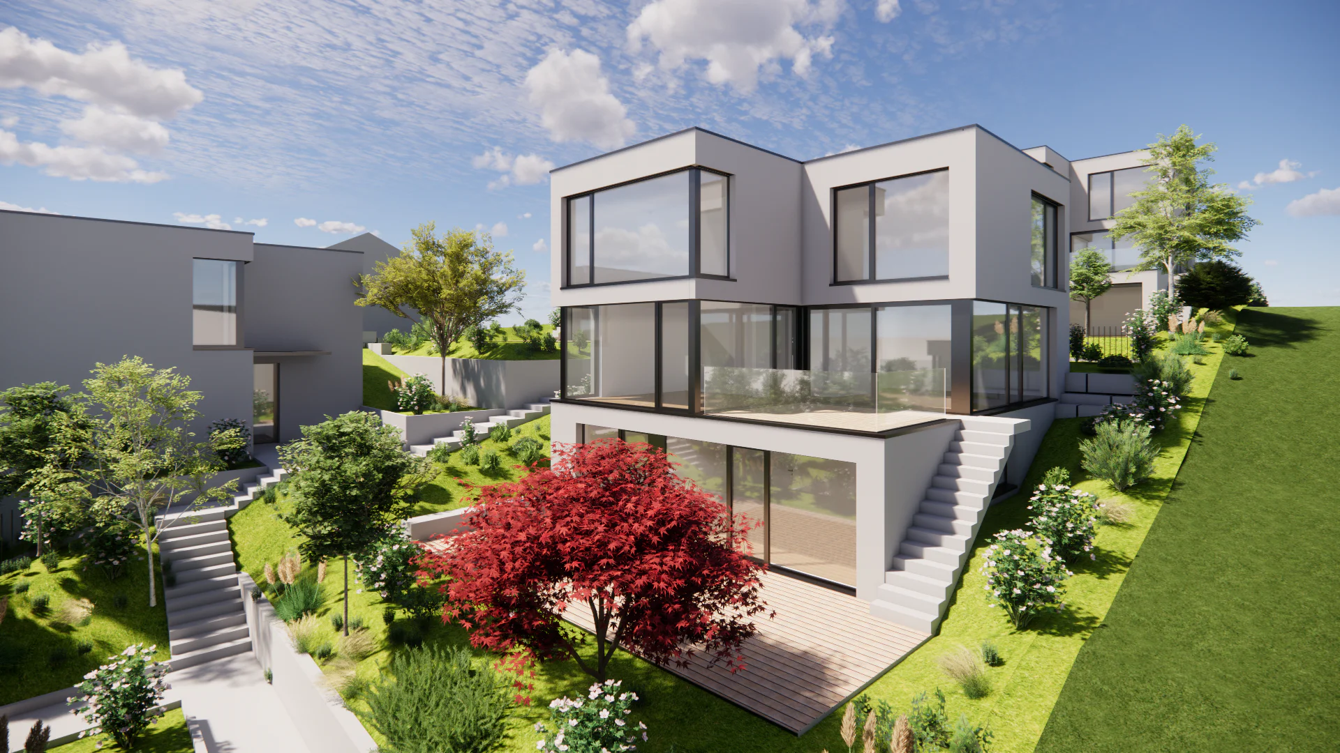 Visualisierung Vorderansicht von modernen Einfamilienhäuser mit grossen Glasfronten mit natürlicher Begrünung.