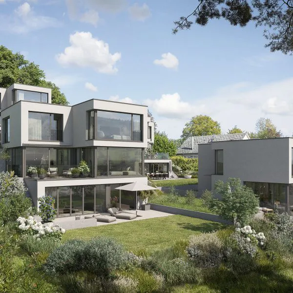 Einfamilienhaus Siedlung an Hügel mit grossen Gärten, Fenster und Terrassen.